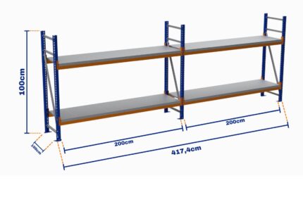Minirack, Boyalı, 500kg, Yükseklik 1000mm, Genişlik 4174mm, 2 Kat, Kat Arası 595mm, Tavalı, Derinlik 1000mm