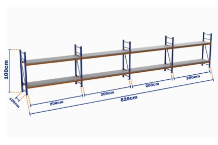 Minirack, Boyalı, 500kg, Yükseklik 1000mm, Genişlik 8290mm, 2 Kat, Kat Arası 595mm, Tavalı, Derinlik 1200mm