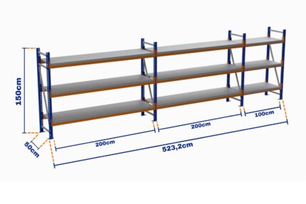 Minirack, Boyalı, 500kg, Yükseklik 1500mm, Genişlik 5232mm, 3 Kat, Kat Arası 595mm, Tavalı, Derinlik 500mm