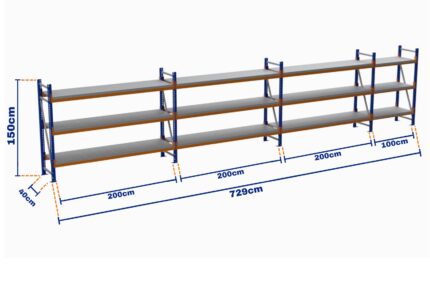 Minirack, Boyalı, 500kg, Yükseklik 1500mm, Genişlik 7290mm, 3 Kat, Kat Arası 595mm, Tavalı, Derinlik 400mm
