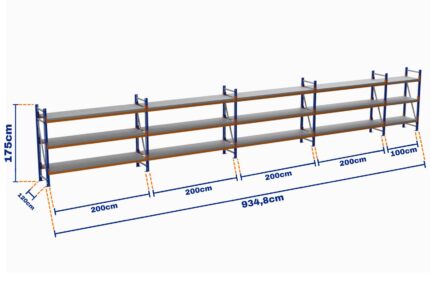 Minirack, Boyalı, 500kg, Yükseklik 1750mm, Genişlik 9348mm, 3 Kat, Kat Arası 700mm, Tavalı, Derinlik 1200mm