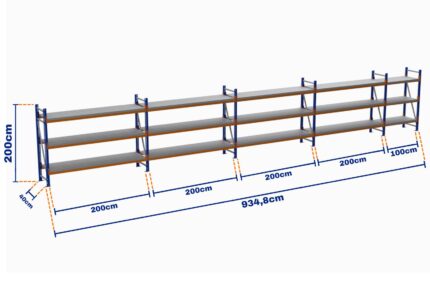 Minirack, Boyalı, 500kg, Yükseklik 2000mm, Genişlik 9348mm, 3 Kat, Kat Arası 805mm, Tavalı, Derinlik 400mm