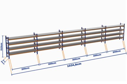 Minirack, Boyalı, 500kg, Yükseklik 2100mm, Genişlik 10348mm, 4 Kat, Kat Arası 595mm, Tavalı, Derinlik 600mm
