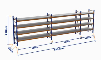 Minirack, Boyalı, 500kg, Yükseklik 2100mm, Genişlik 5232mm, 4 Kat, Kat Arası 595mm, Tavalı, Derinlik 600mm