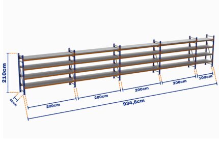 Minirack, Boyalı, 500kg, Yükseklik 2100mm, Genişlik 9348mm, 4 Kat, Kat Arası 595mm, Tavalı, Derinlik 800mm