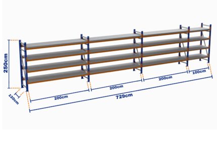 Minirack, Boyalı, 500kg, Yükseklik 2500mm, Genişlik 7290mm, 4 Kat, Kat Arası 700mm, Tavalı, Derinlik 1200mm